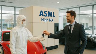 Illustration: a cleanroom tech is handed the keys to an ASML High-NA scanner, car-dealership style